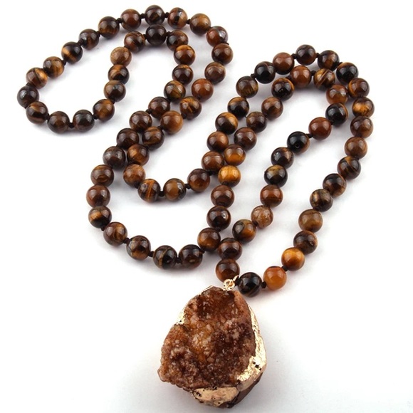 Jewelry - Natural Tiger Eye Druzy Pendant Necklace
